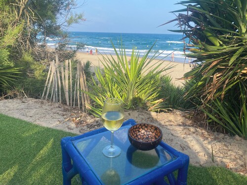 Atypical, set on the beach with direct access, swimming pool, barbecue, pets allowed