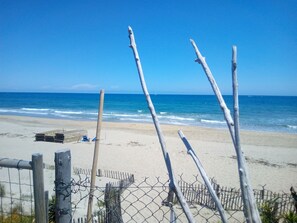 On the beach, sun-loungers, beach towels