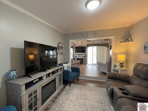 Smart TV, fireplace, books, printers