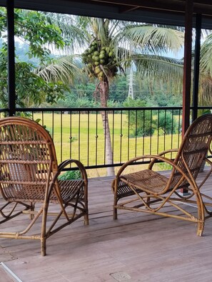 Un espace extérieur aménagé, abrité et doté de chaises en osier, offrant une vue sur un palmier et un paysage verdoyant.