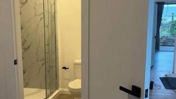 Ein Badezimmer mit Duschkabine aus Glas, Toilette und einem beigefarbenen Teppich.
