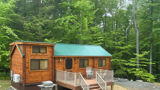 A wooden cabin with a green roof, a deck, and a grill area. - Lake Carey Cabin within walking distance to Old Carter Barn with lake access (Tunkhannock)