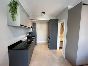Deluxe Apartment | Private kitchen | Full-size fridge, microwave, cookware/dishes/utensils, freezer