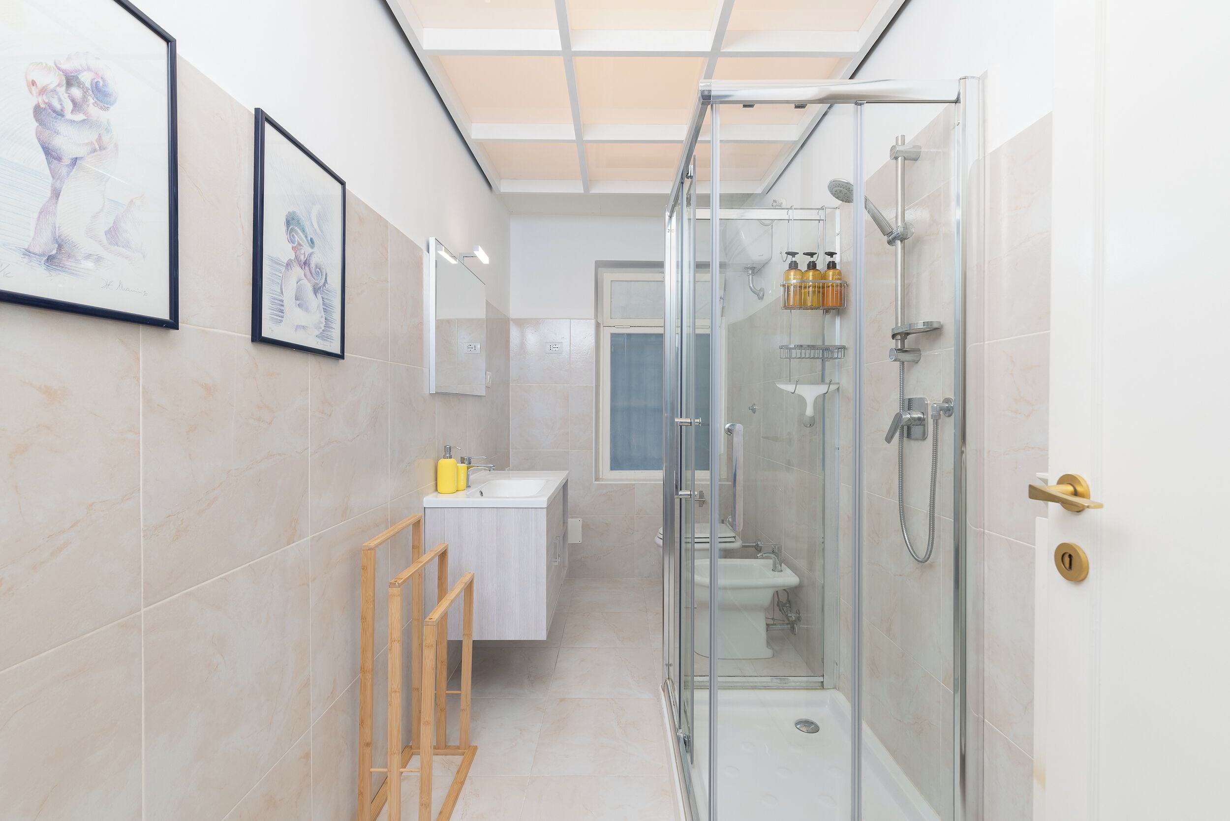 Shower, hair dryer, bidet, towels