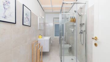 Shower, hair dryer, bidet, towels