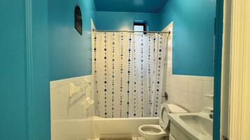 Hair dryer, bidet, towels, soap