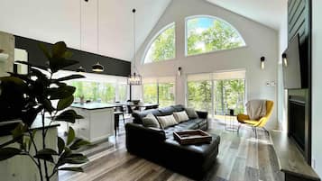 Smart TV, chimenea y estéreo
