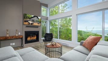 Smart TV, fireplace, stereo
