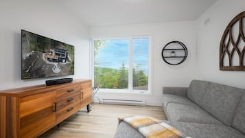 Een smart-tv, een open haard en een stereo