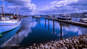 A marina with boats docked at wooden piers, calm water, and a clear sky. - 4 Star Holiday Home in Aabenraa (Aabenraa)