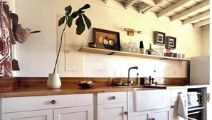 A kitchen with white cabinets, a wooden countertop, a sink, and a hanging plant. - Lillian’s blackberry cabin (Ava)