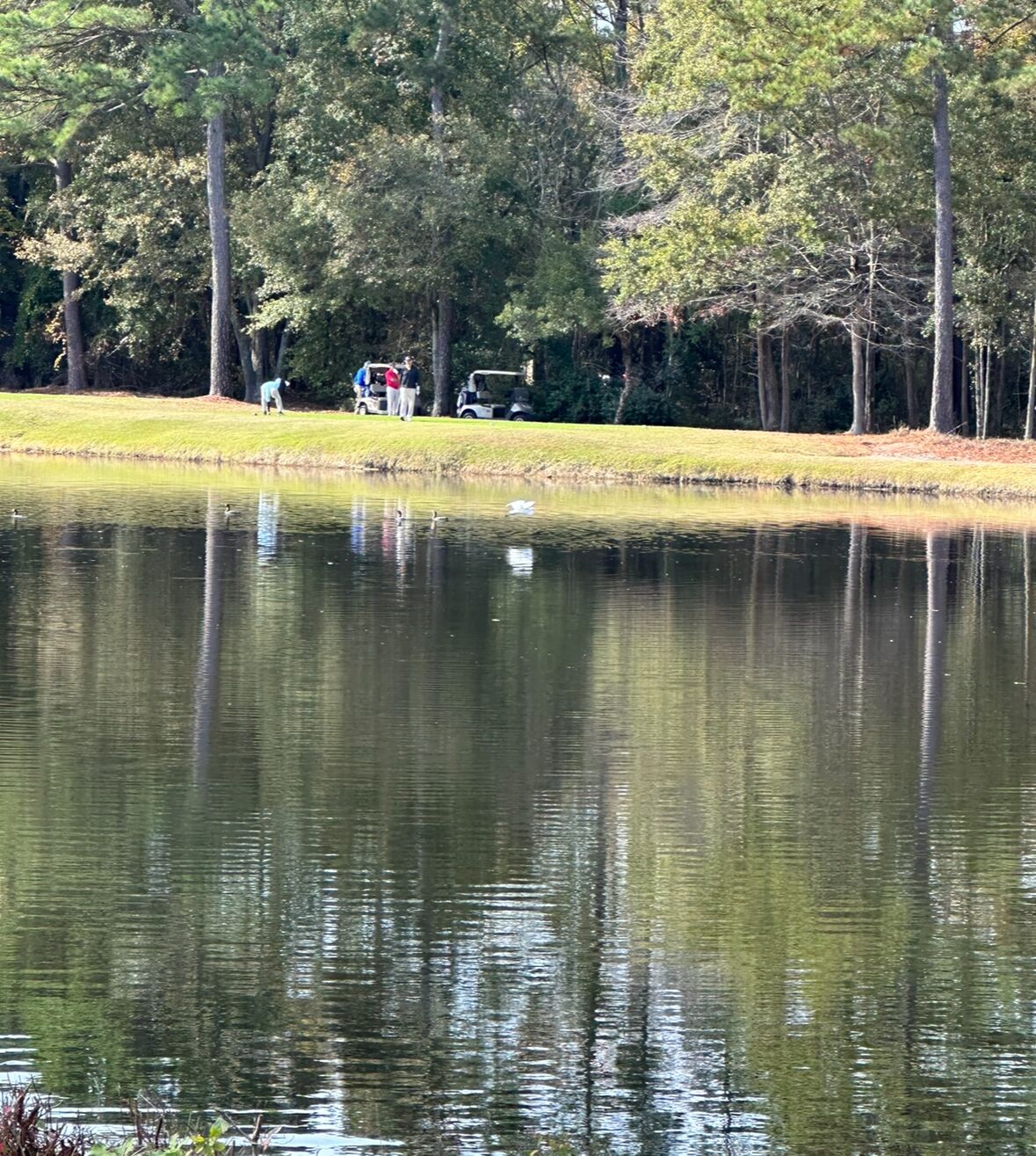 Um lago tranquilo com reflexos de árvores e algumas pessoas caminhando na margem.