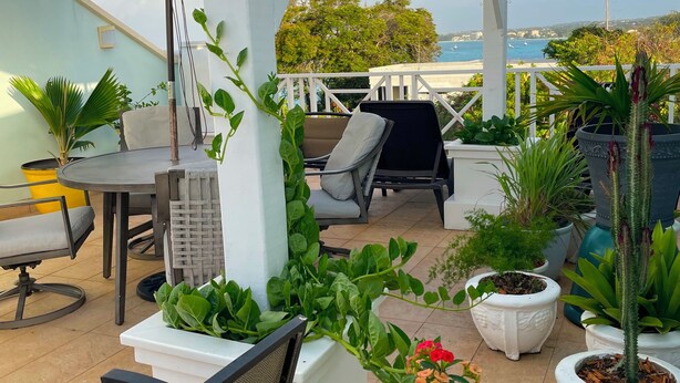 Un espace extérieur aménagé en terrasse, avec une pergola, des sièges et des plantes en pot.