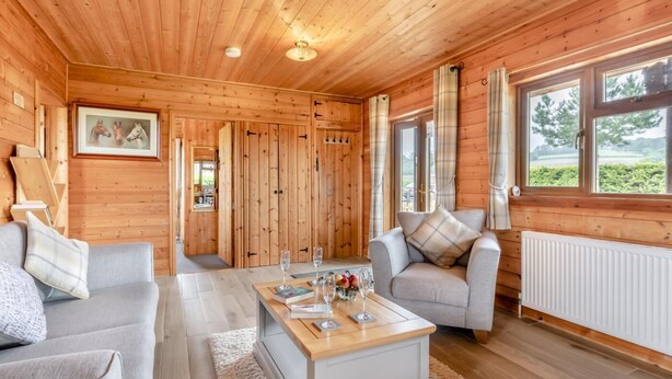 En stuga byggd av timmer med en soffa, ett soffbord med glas, en öppen spis och en utsikt genom fönstren.
