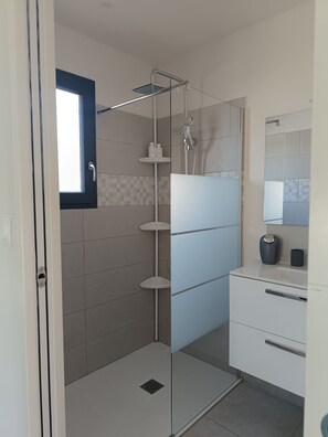 Shower, hair dryer, towels, toilet paper