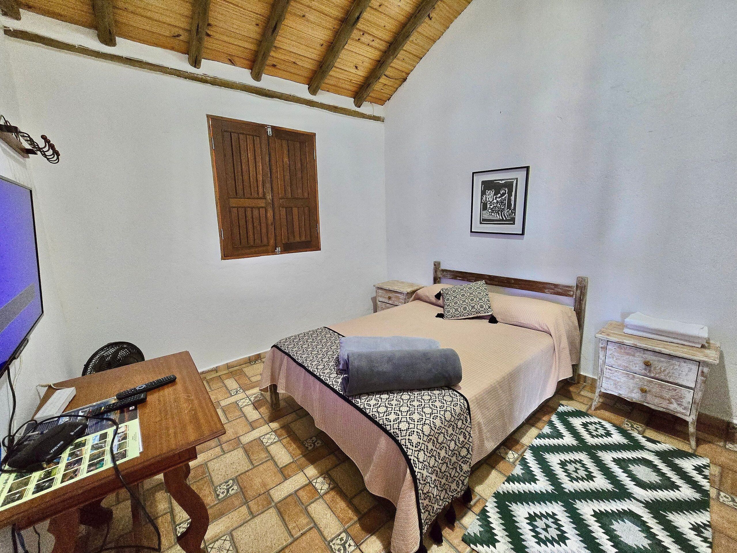 Un dormitorio con una cama, una mesita de noche de madera, un televisor y una alfombra estampada.