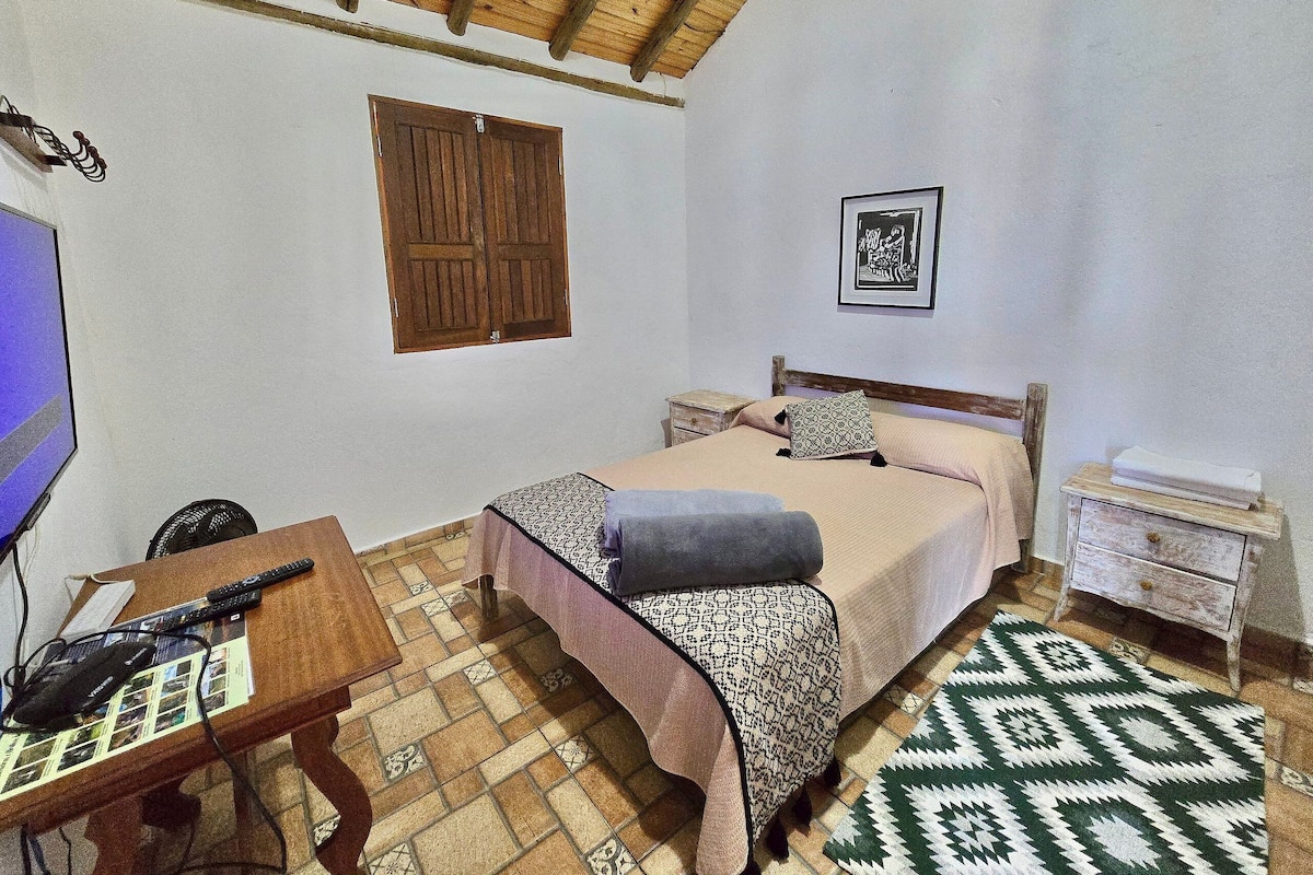Un dormitorio con una cama, una mesita de noche de madera, un televisor y una alfombra estampada.