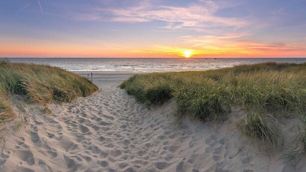 A sandy beach path leading to the ocean with a sunset in the background.