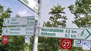 Een richtingwijzer met verschillende routeaanduidingen voor fietsers en voetgangers.