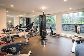 A gym with cardio machines, weightlifting equipment, and large windows offering a view of greenery.