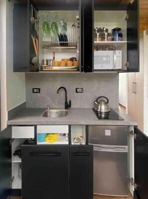 Fridge, microwave, stovetop, blender