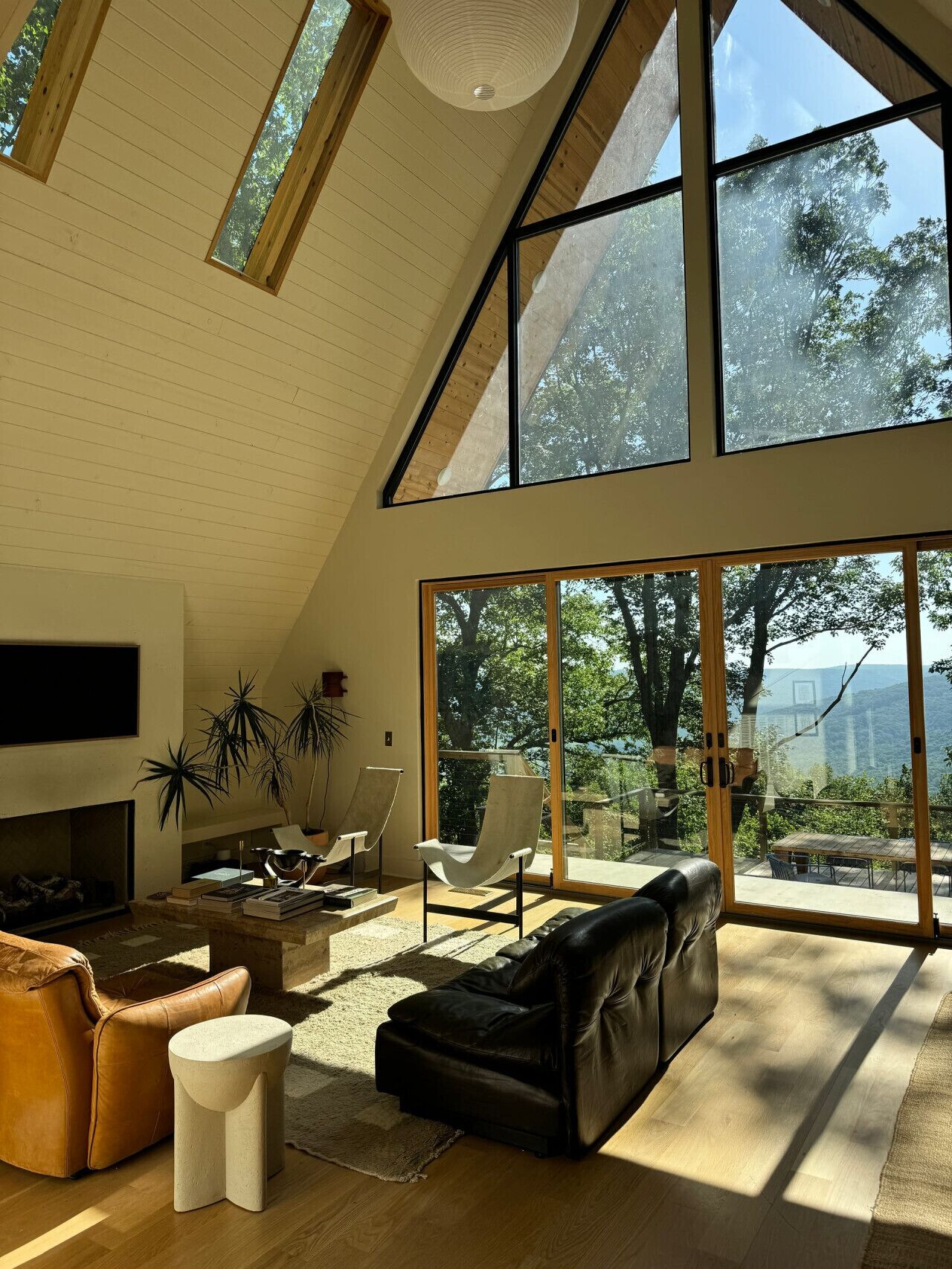 Televisión, chimenea, estéreo