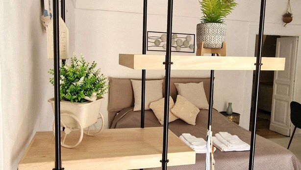 A multi-tiered wooden shelf unit with black metal supports, holding various items including potted plants and a small decorative anchor. - 1 Bedroom Apartment in Bisceglie (Bisceglie)