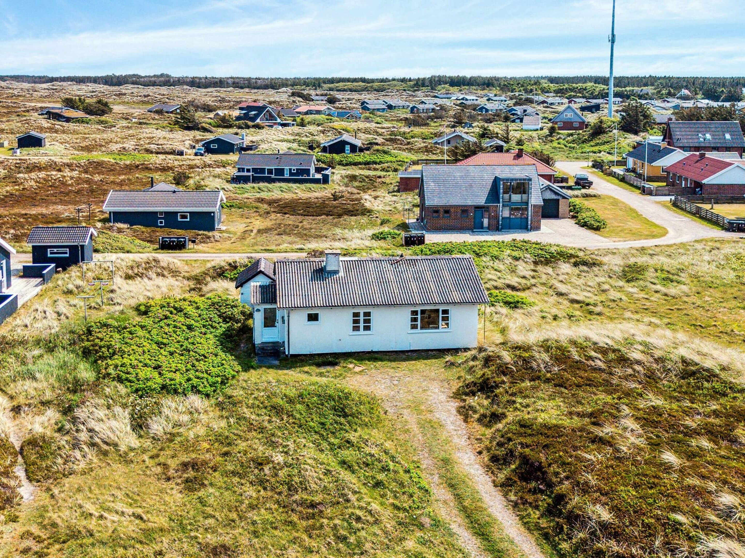 A rural area with houses and a dirt road.