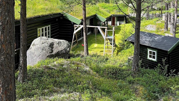 A rustic cabin with a green roof, surrounded by trees and a large rock.