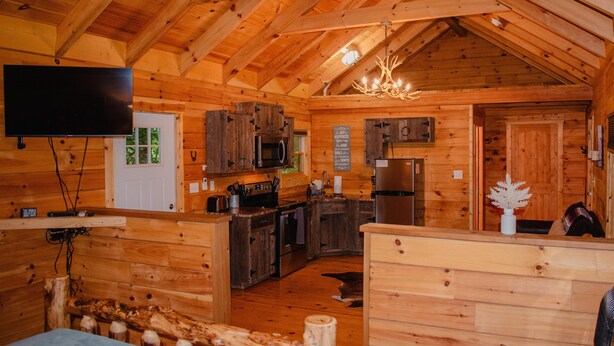 Interior de una cabaña de troncos con zona de cocina, paredes de madera y techo con vigas a la vista.