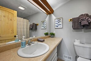 Hair dryer, towels, soap, shampoo