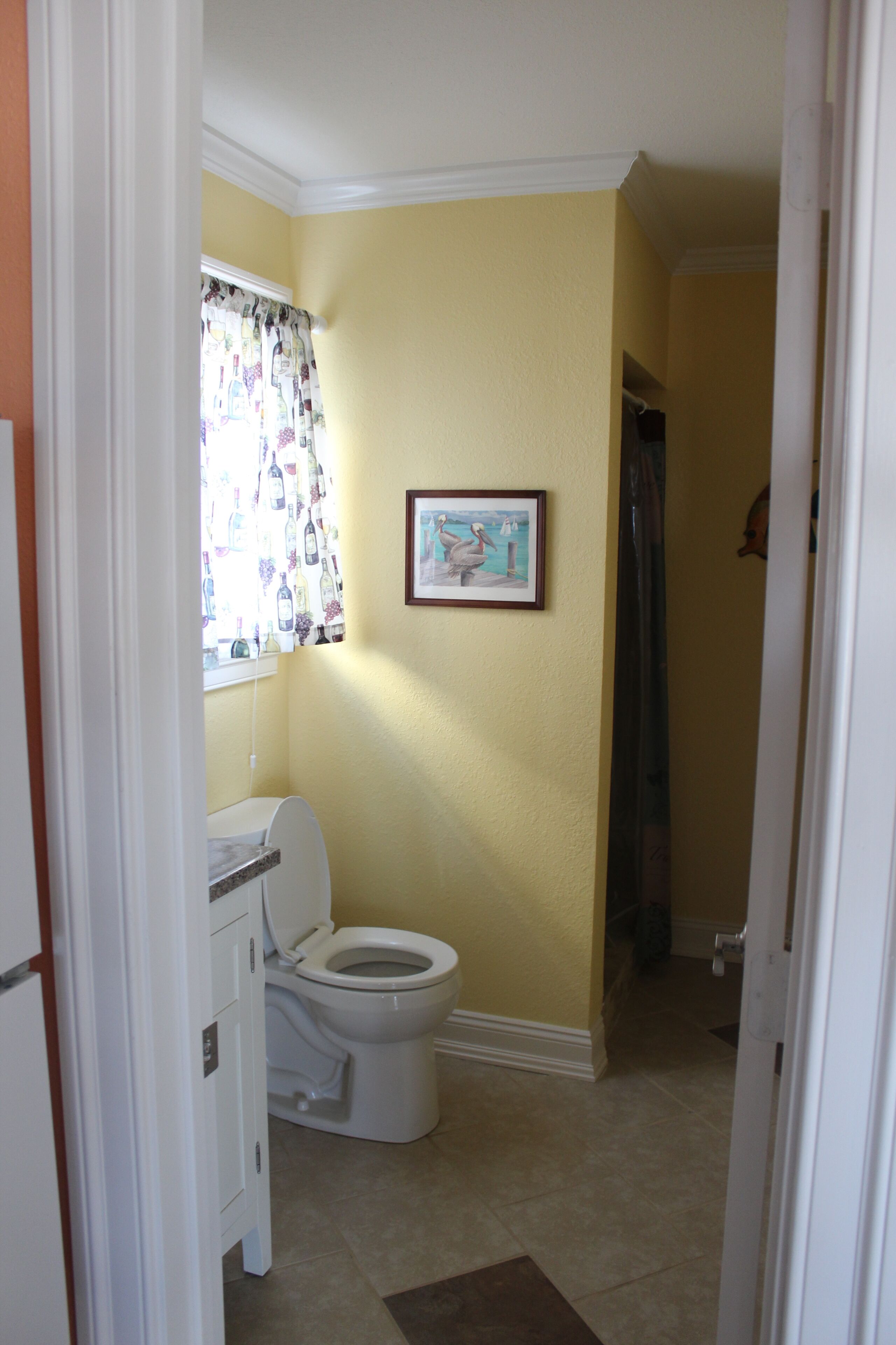 A bathroom with a toilet, a sink, and a window with a curtain.