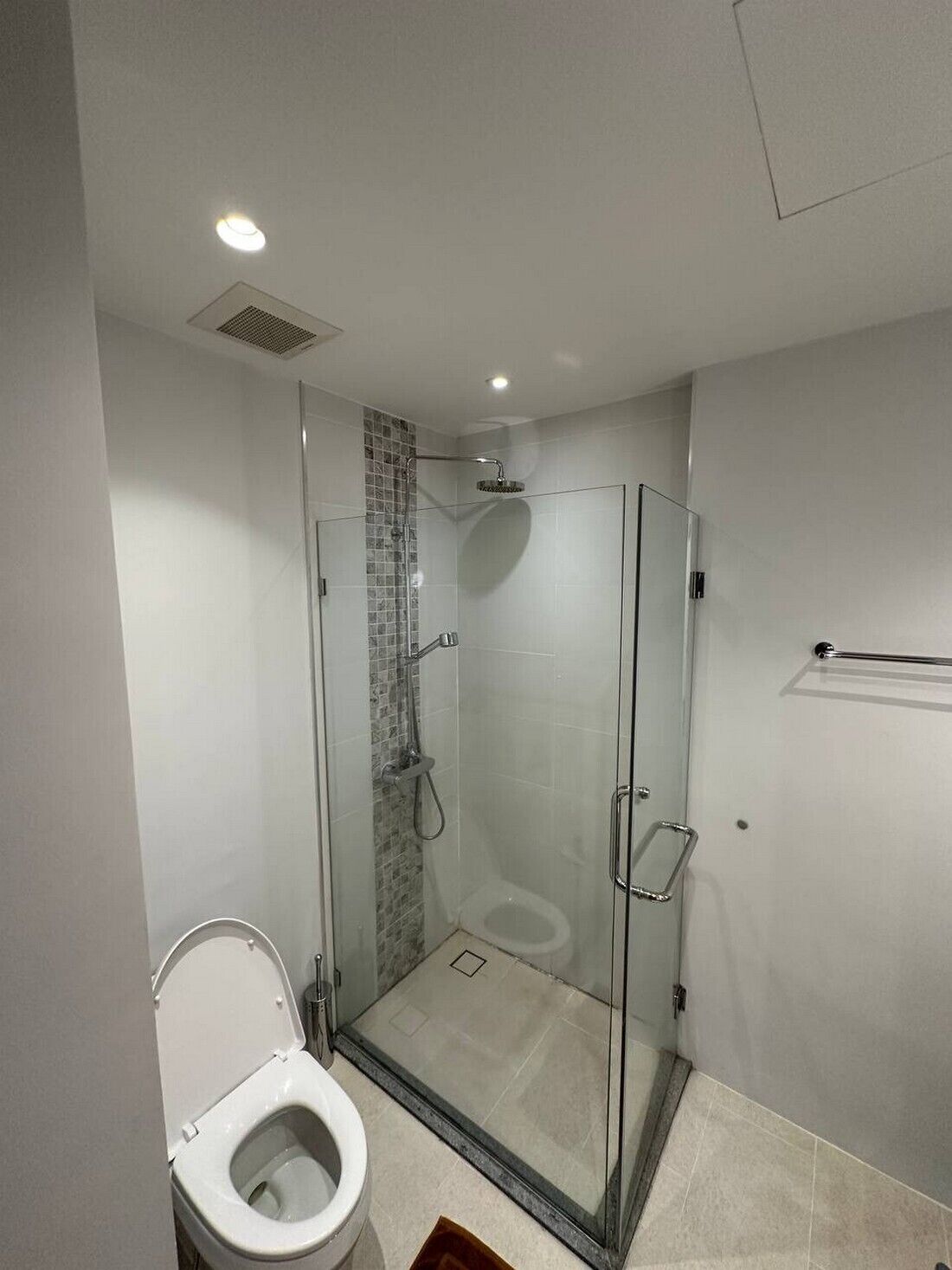 Un baño moderno con ducha de vidrio, inodoro y toallero.