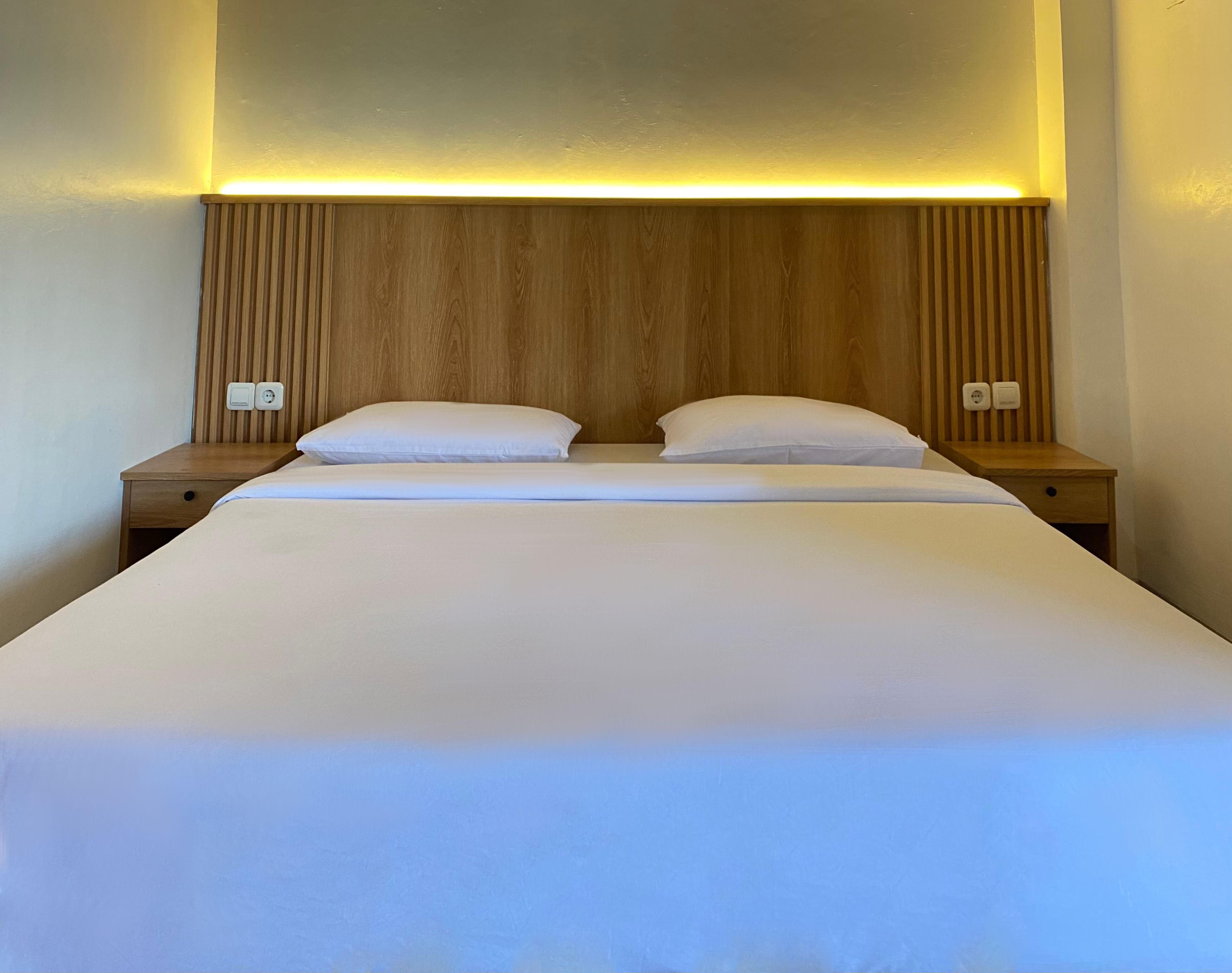 A neatly made bed with two pillows, wooden headboard, and bedside tables with light switches.