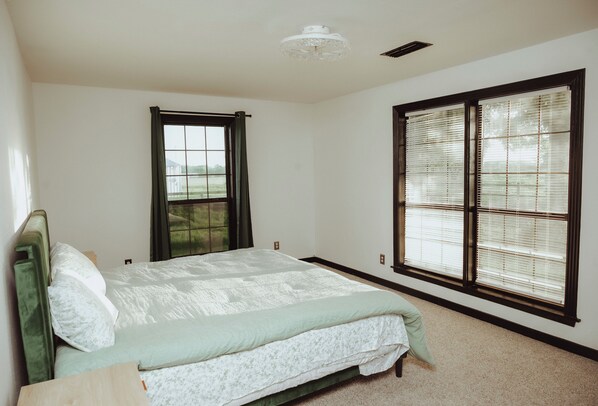 A bedroom with a bed, a window with blinds, a ceiling light fixture, and a view of the outdoors.