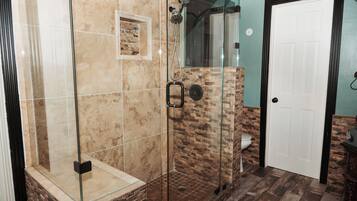 Hair dryer, towels, soap, shampoo
