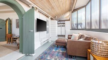 Smart TV, fireplace, books, stereo