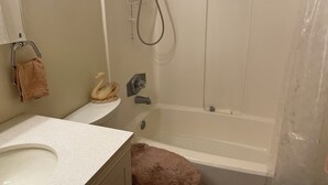 Un bagno con vasca, WC e lavandino.