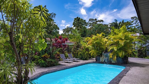 A swimming pool surrounded by lush greenery and two lounge chairs. - HOTEL SIERRA ARENAL - QUADRUPLE ROOM  (Alajuela)