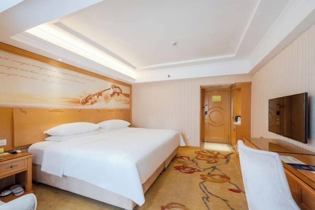 A hotel room with a bed, a television, a desk, and a door.