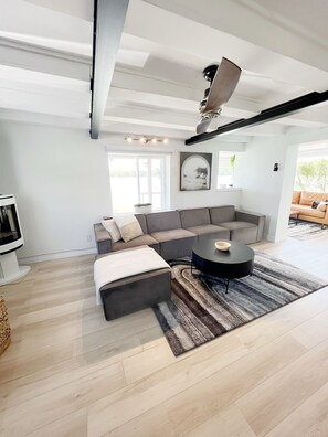 Smart TV, fireplace, books