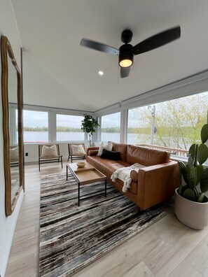 Smart TV, fireplace, books