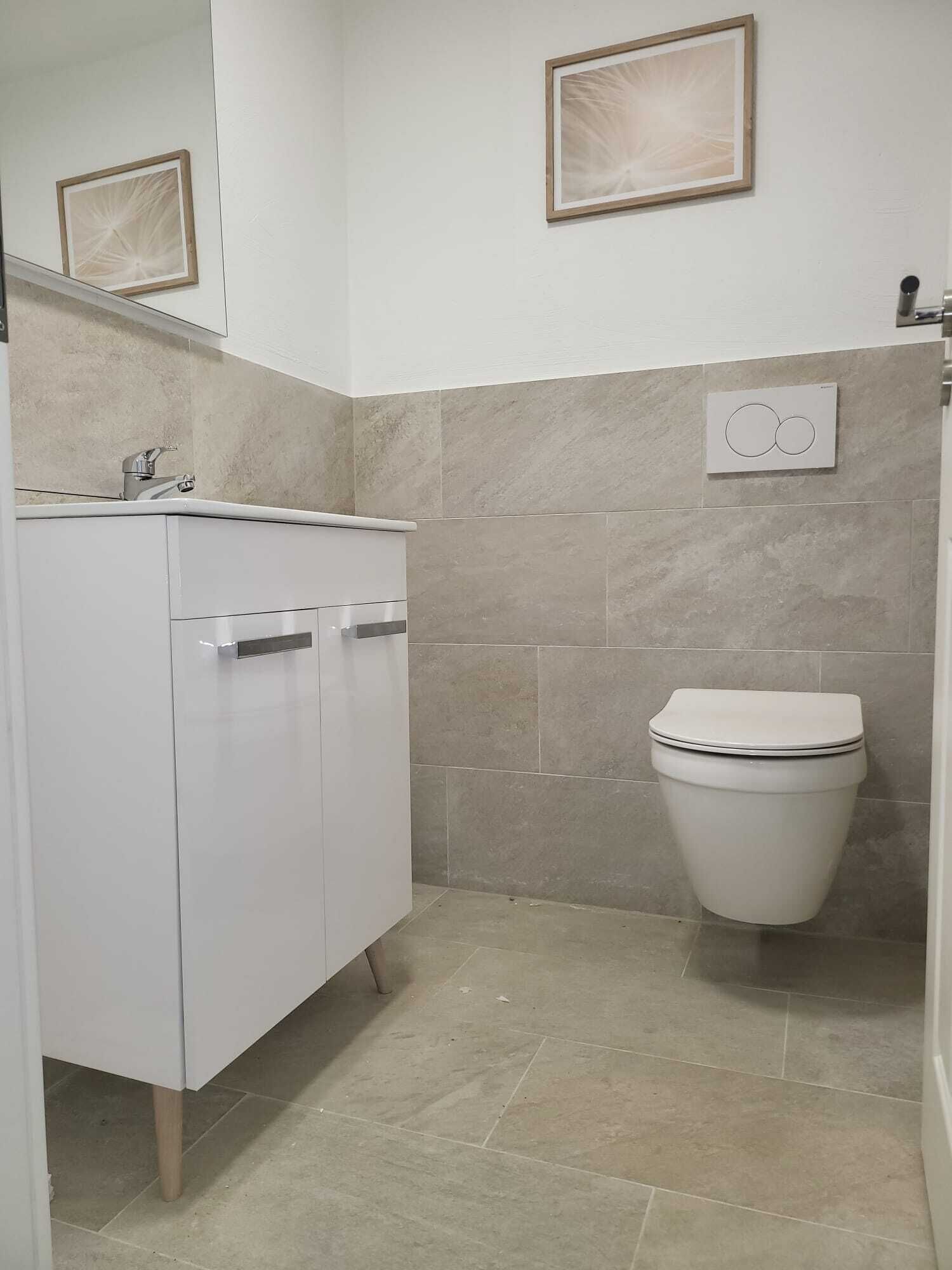 Een badkamer met een wit wastafel, toilet en douche.