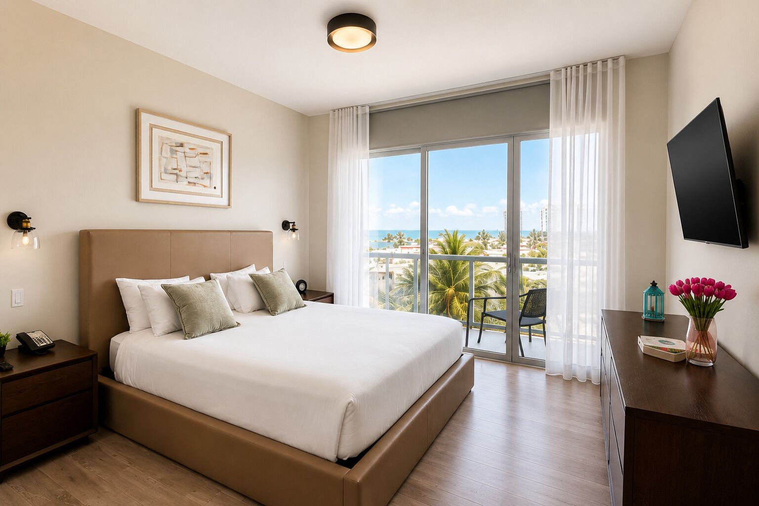 A hotel room with a bed, a desk, a TV, a window with a view, and a balcony.