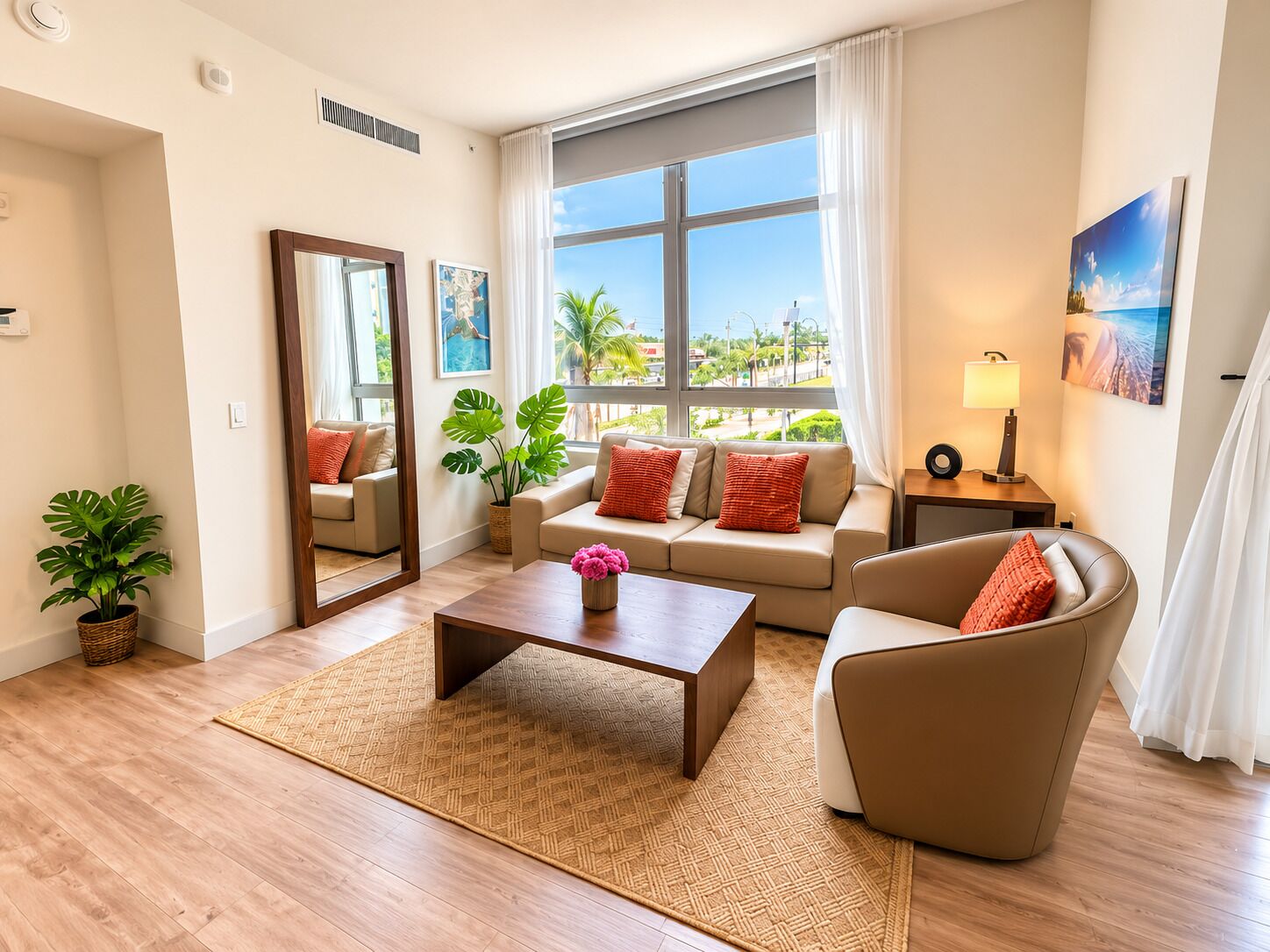 Apartemen Comfort, balkon | Area keluarga | Televisi layar datar 55-inci dengan saluran TV kabel dan kantor