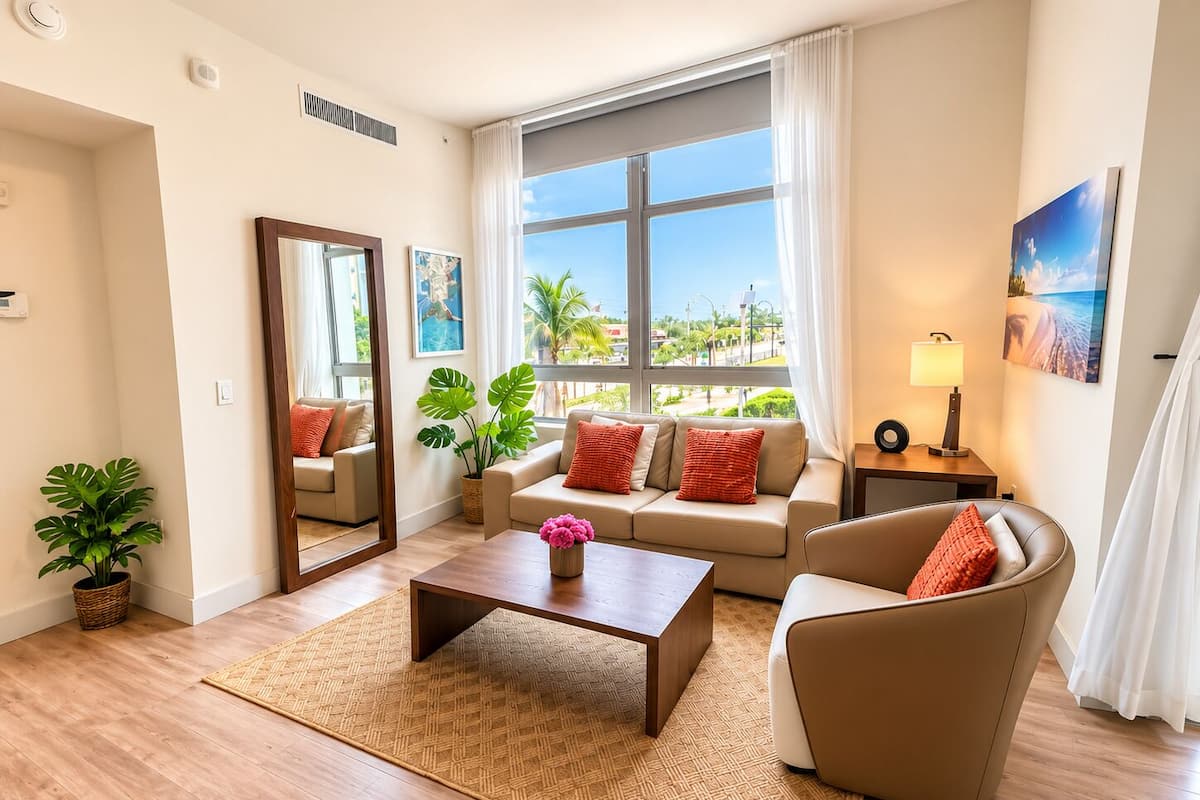 Apartamento conforto, sacada | Área de estar | TV de tela plana 55 polegadas com canais a cabo, Netflix, Hulu