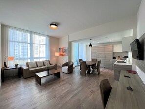 Comfort Apartment, Balcony | Living area | 55-inch flat-screen TV with cable channels, iPod dock, offices - Global Rent Apart (Hollywood)