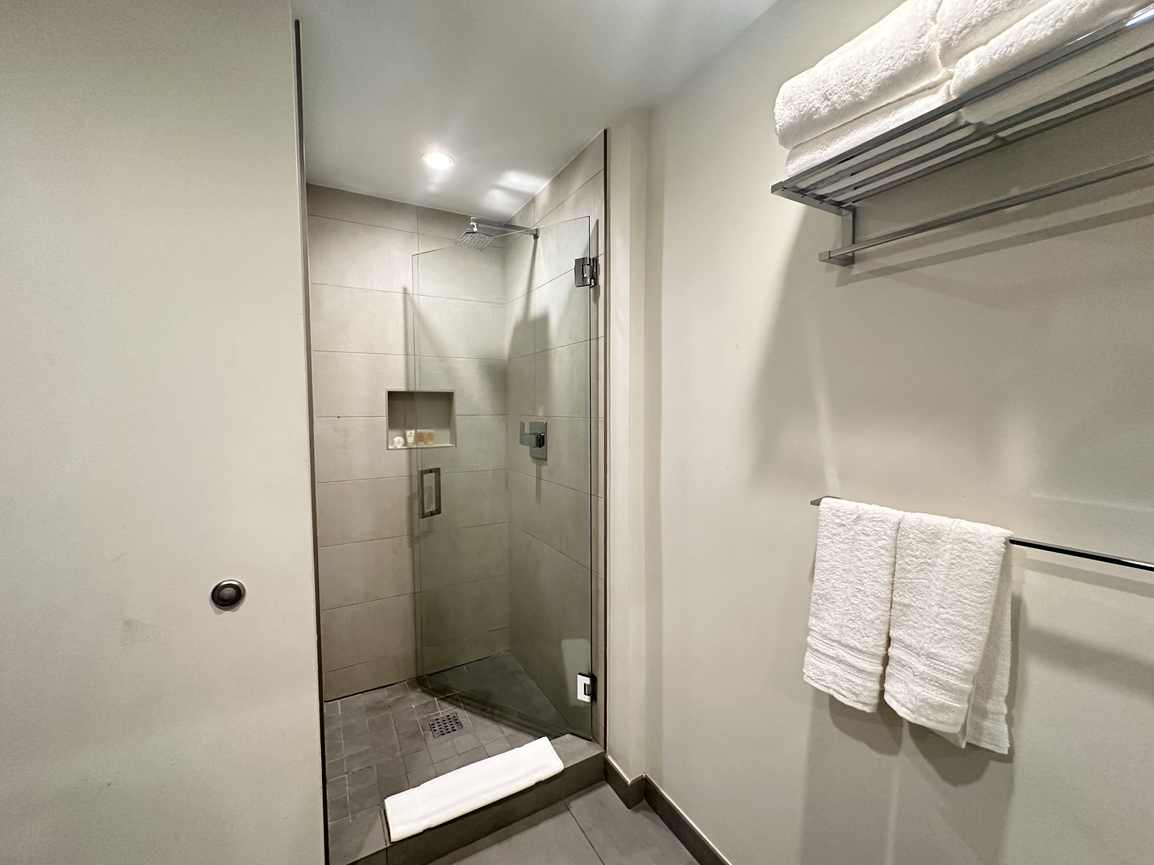 Casa de banho moderna com cabine de duche em vidro, um porta-toalhas e um pequeno estante com produtos de higiene pessoal.