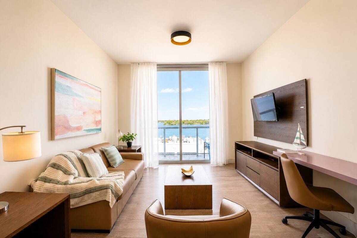 Apartamento família, sacada, vista para a baía | Área de estar | TV de tela plana 55 polegadas com canais a cabo, Netflix, Hulu