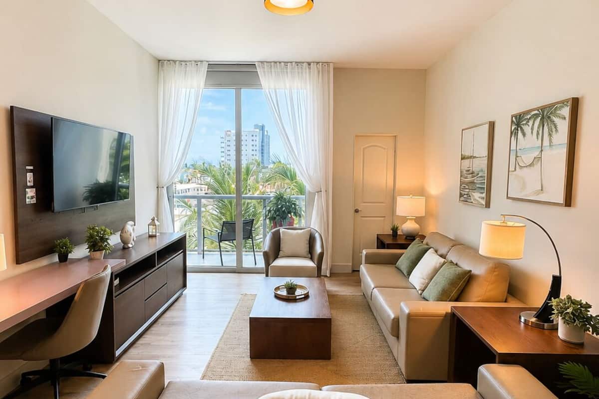 Uma sala de estar moderna com televisão de tela plana, sofá, mesa de centro e varanda com vista para palmeiras e edifícios.